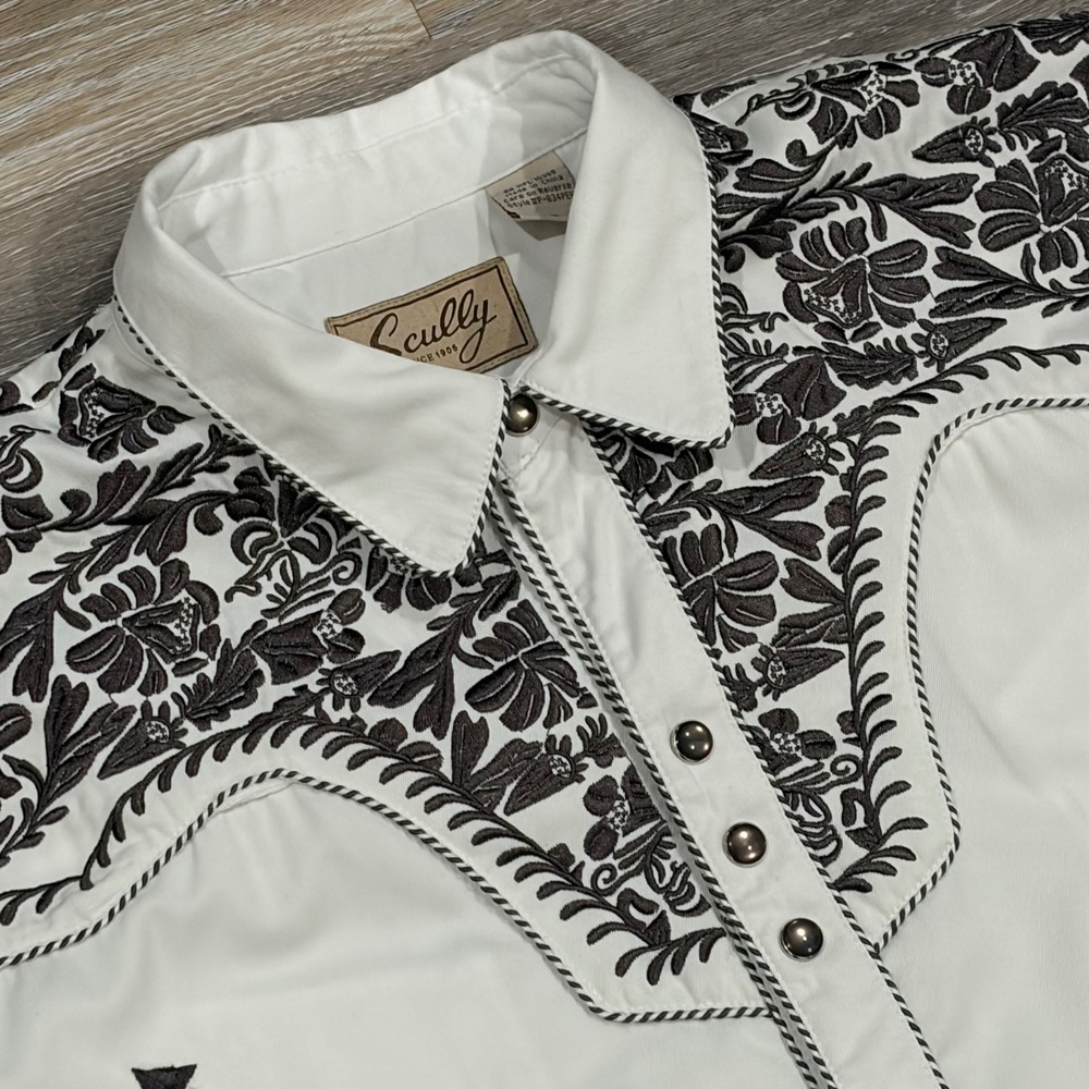 Scully Mens Western Shirt White Floral Embroidered Snap Front Large